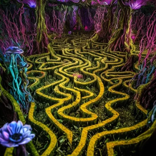 Prompt: Create an image of fantasy flower maze, called the treacherous flower maze. The Treacherous Flower Maze is a challenging and enchanting labyrinth located deep within the Enchanted Grove. It is a whimsical and mystical place, filled with a variety of vibrant and exotic flowers that seem to possess a mischievous nature. The maze is known for its bewitching beauty and treacherous twists and turns, offering a test of both navigation skills and resilience.

The Treacherous Flower Maze is both a physical and mental trial, testing the adventurers' resolve, patience, and ability to navigate through its deceptive beauty. Those who emerge victorious gain not only the satisfaction of conquering the maze but also the rewards and knowledge it bestows."