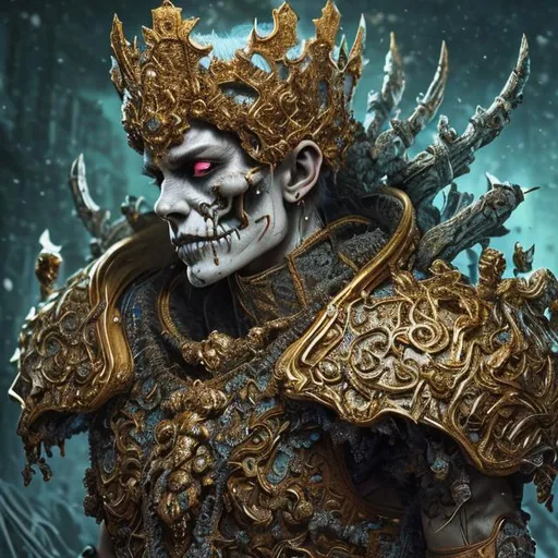 Prompt:  Insanely detailed portrait photography of a Powerful Skeleton King  🌹 warrior wearing insanely detailed ancient filigree mossy 🌹  jewel armour and insanely detailed and intricate crown, intricate and hyper-detailed painting by Ismail Inceoglu Huang Guangjian and Dan Witz CGSociety ZBrush Central fantasy art album cover art 4K 64 megapixels 8K resolution HDR head and shoulder portrait