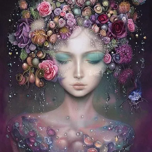 Prompt: realistic painted still life beautiful flowers by ambrosius bosschaet!!!!!, floating in the sky, iridescent water drops, crystal chandelier drops, glitter sparkles, daniel merriam art, muted colors, fairy wings, nicoletta ceccoli, daniel merriam art, jennifer healey art, fantasy art, renaissance gown, hyper realistic flower bouquet painting,  soft shadows, stunning, dreamy, elegant, sparkles, Beautiful goddess, Haute Couture, princess dress, beautiful symmetrical face, pre-raphaelite, hyper realistic soft focus feathers, fantasy steampunk, spiral staircase, vintage pocketwatch, ambrosius bosschaert art, highly detailed blooms of peonies and roses and magnolias,  ornate, style of michael parks, tom bagshaw, roberto ferri and Marco mazzoni, hyper-realistic, matte painting , enhanced, photo render, 8k, art by artgerm, wlop, loish, ilya kuvshinov, 8 k hyperrealistic, crackles, hyperdetailed, beautiful lighting, detailed background, depth of field, symmetrical face, frostbite 3 engine, cryengine, bubbles, dragonflies, garden of roses and peonies background, ultra detailed, soft lighting, infinite depth, incredibly detailed, ultra realistic, high index of refraction, hyper realistic elegant smooth sharp clear edges, sharp focus, wide angle perspective, ultra realistic, sense of high spirits, volumetric lighting, occlusion, Unreal Engine 5 128K UHD Octane, fractal, pi, fBm