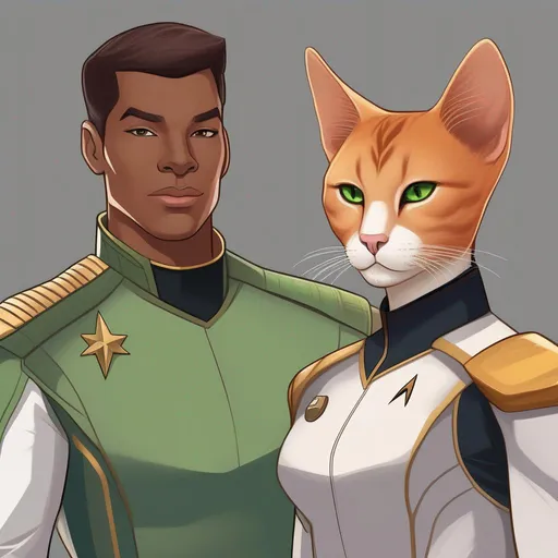 Prompt: An adult tall muscular male alien starship officer of a star trek feline humanoids, anthropomorphic cat, barely human. He has shot ginger fur and a bronze skin. He wears a spaceship starfleet uniform and has green snake eyes. Detailed, well drawn face, Smooth skin. rpg art. Star wars art. 2d art. 2d