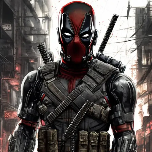 Prompt: Redesigned Gritty black and dark khaki cyber futuristic military commando-trained villain deadpool. Bloody. Hurt. Damaged mask. Accurate. realistic. evil eyes. Slow exposure. Detailed. Dirty. Dark and gritty. Post-apocalyptic Neo Tokyo with fire and smoke .Futuristic. Shadows. Sinister. Armed. Fanatic. Intense. 