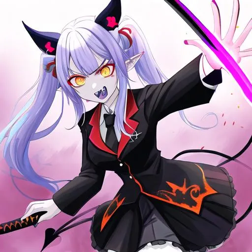 Prompt: Haley  as a demon (multi-color hair) (multi-color eyes)(she has horse ears) holding a katana, fighting, in a gunfight, bullets flying, fighting in a rural area, angry, (demon tail), (demon wings), lunging at the center, flying in the air