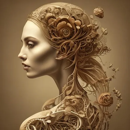 Prompt: insanely beautiful portrait of a woman, anatomically perfect, golden ratio, highly detialed and intricate, elegant , mysterious, flowers, 3 D