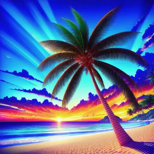 Prompt: Long shot, 3d, HD, Vivid, Exciting, Vibrant, Palm tree on a sandy beach with sunset over the ocean, shadows, Perfect viewpoint, highly detailed, wide-angle lens, hyper realistic, with dramatic sky, polarizing filter, natural lighting, vivid colors, everything in sharp focus, HDR, UHD, 64K --s98500