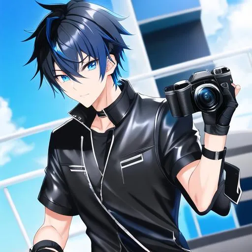 Prompt: Tetsu 1male. Short black hair with vibrant streaks of electric blue, that gives off an eye-catching look. Soft and mesmerizing blue eyes. Wearing a black leather jacket with a dark gray t-shirt underneath that adds a subtle contrast to the outfit. Cool and edgy, black skinny jeans. Holding a camera. UHD, 8K, photography equipment in the background. At a photoshoot