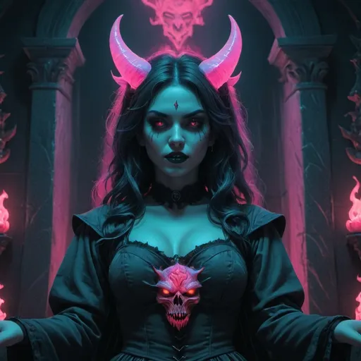 Prompt: beautiful female demon, hell, demonic, gothic, vaporwave, retro, neon, aesthetic, liminal, high quality, high definition, beautiful, dramatic lighting