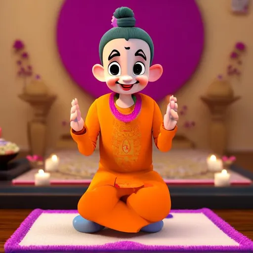 Prompt: a animated  cute pandit ji  human like sitting joining hands doing namaste ,smiling 