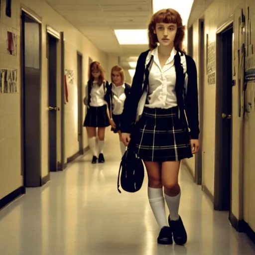 Prompt: Young Marlene Jobert as a late 2000s-early 2010s era schoolgirl in the hallway.