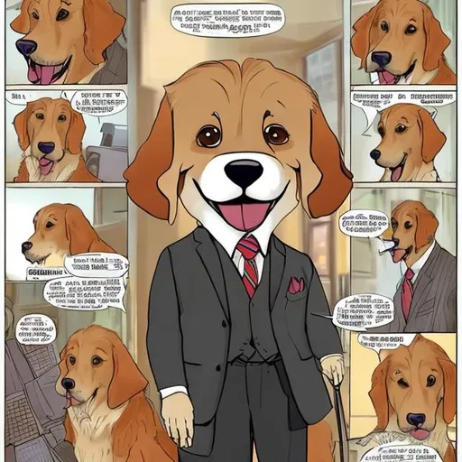 Prompt:  The anthropomorphic big old Golden Retriever dog is Mr. Lucky is  wearing dressed business officer suit for anthro dog, he is highly intelligent dog got 186 IQ, Mr. Bryanne the Anthro St. Bernard, Mrs. Dorothy the Anthro gray cat woman, and young cousin Tron Anthro beagle dog in 21st century london, from Life with Luckiness at Majorly New dreamhouse disney cartoon style