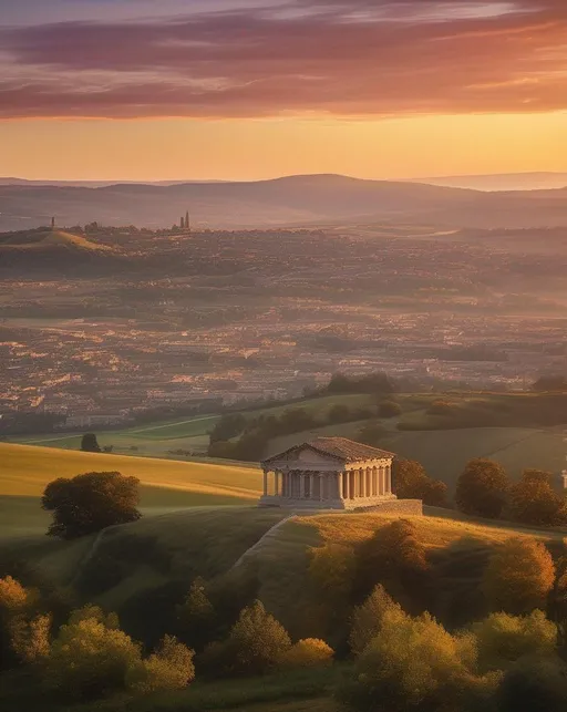 Prompt: In the golden hour of sunrise, a wide-angle lens captures an expansive landscape with rolling hills and a colorful sky, while a cityscape emerges in the distance. The architectural details of ancient buildings add a touch of history to the scene.