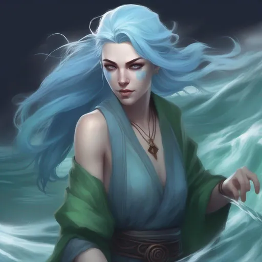 Prompt: dnd a female genasi with pale blue skin and dark blue and green hair flowing water