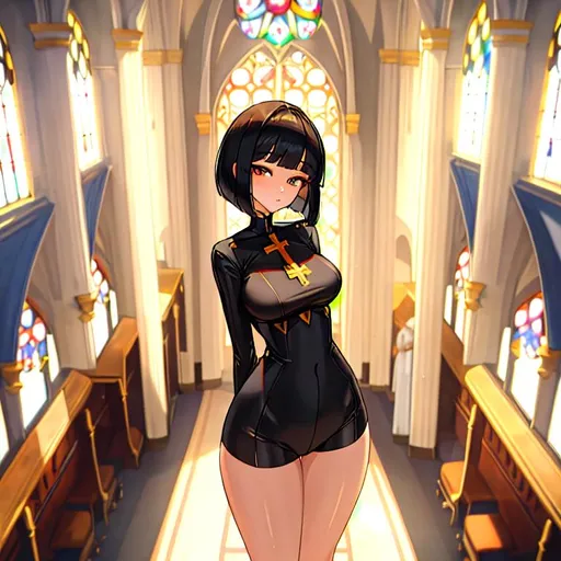 Prompt: a lonely AI girl, very tall, thick thighs, wide hips, huge glutes, long legs, arms, slender waist, big beautiful symmetrical eyes, intriguingly beautiful face, aloof expression, symmetrical face, bob haircut with bangs, wearing church clothes, praying in church, 36K resolution, 12K raytracing, hyper-professional, impossible quality, impossible resolution, impossible detail, hyper output