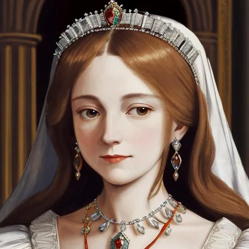 Prompt: Royal queen Anne of Cleves, attractive face, light brown hair, wearing a tiara and beautiful jewels, 16th century, facial closeup
