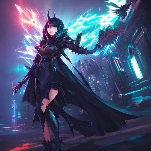 Prompt: a cyberpunk witch girl, by Ross Tran, blue eyes, red hear, from behind blue wings with flame