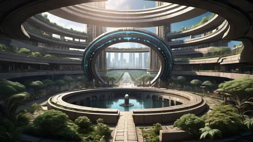 Prompt: magical portal between cities realms worlds kingdoms, circular portal, ring standing on edge, upright ring, freestanding ring, hieroglyphs on ring, complete ring, ancient aztec architecture, zigurat, pylons, gardens, hotels, office buildings, shopping malls, large wide-open city plaza, panoramic view, futuristic cyberpunk tech-noir setting