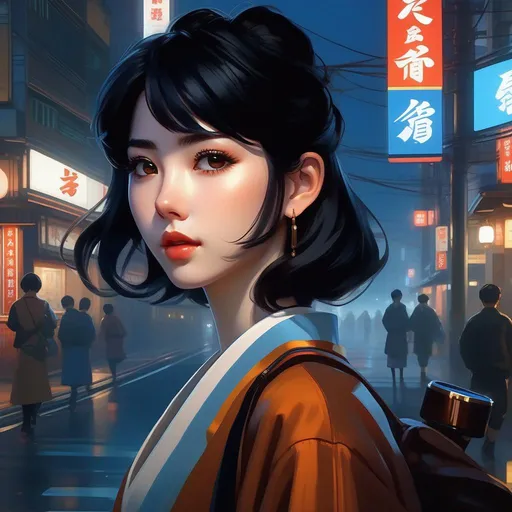 Prompt: Third person, gameplay, Japanese girl, pale skin, black hair, brown eyes, 2020s, smartphone, streets of Tokyo at night, fog, blue atmosphere, cartoony style, extremely detailed painting by Greg Rutkowski and by Henry Justice Ford and by Steve Henderson 

