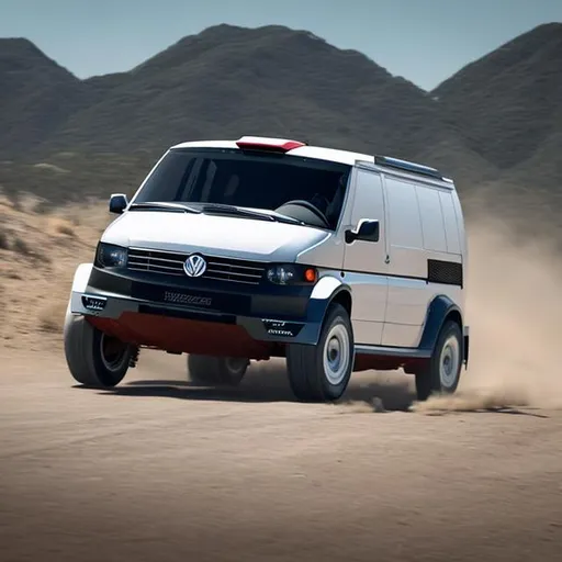 Prompt: Specced out rally version of the vw transporter, with a v12 in the back 