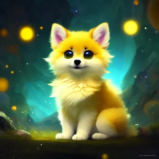 Prompt: Cute, yellow, fluffy, fantasy light puppy, with lighting, yellow eyes, yellow fur, and possessing the element of space and making circles of lighting stripes
 move around in the air in a magical way, in a space background. Perfect features, extremely detailed, realistic. Krenz Cushart + loish +gaston bussiere +craig mullins, j. c. leyendecker +Artgerm.