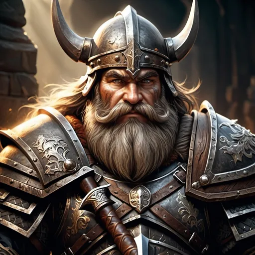 Prompt: illustration of Warhammer fantasy RPG style realistic fierce dwarf warrior, intricate armor and helmet with detailed engravings, holding battle-worn axe, dramatic lighting casting deep shadows, rich earthy tones, high quality, epic fantasy, detailed beard, rugged, weathered look, heroic, fantastical, immersive setting