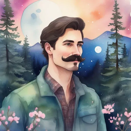 Prompt: A colourful and beautiful profile picture of a handsome brunette man with a mustach surrounded by Sitka Spruce trees, and cheery blossom flowers, and framed by mountains, the moon and constilations, done in a watercolour style