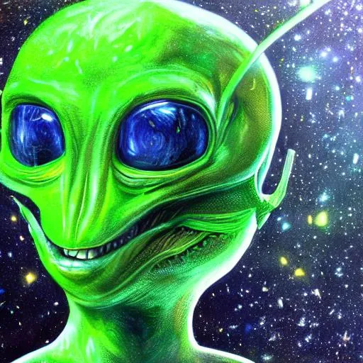 Prompt: hyperdetailed realistic portrait of a green alien walking towards you on a foreign planet in outerspace