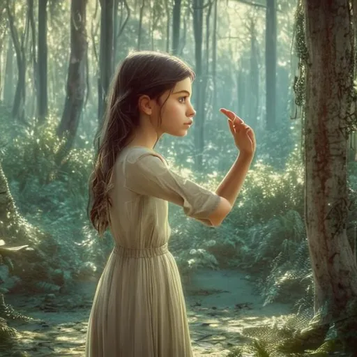 Prompt: tell me a prompt for ai animation  of a girl who is looking into her reflection in mirror,she is standing infront of the mirror in a forest .the forest has greenery and some of the leaves isis dried.make it super realistic with beautiful girl