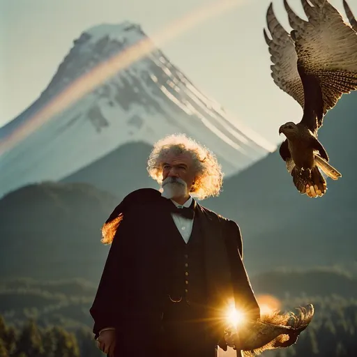 Prompt: Illustrate the epic moment of Mark Twain and Dumbledore feeding a phoenix on Mount Fuji. Ensure that each element in the scene is depicted with vivid colors, clear shapes, and intricate details, including the faces of the characters, the bird, and the breathtaking location. Use realistic light and shadow patterns, sharp textures, and well-composed scenes to create a magnificent and captivating artwork