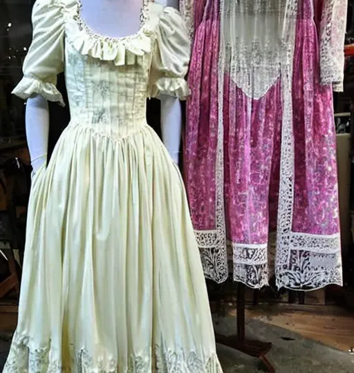 Prompt: photo of a traditional 1970's  Gunne Sax formal Bohemian style wedding dress on a mannequin, traditional 1970's window display 