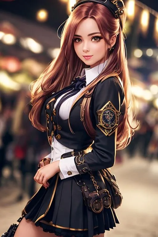 Prompt: extreme long shot, cinematic shot, sharp focus, epic Instagram,

a beautiful girl wearing a schoolgirl uniform walking in steampunk theme night market, in awe, full body tattoo, detailed buzzling medieval market full of people, elegant, long beautiful hair color, hyper detailed steampunk market background, ultra detailed face, detailed beautiful eye, detailed beautiful lips, detailed beautiful nose, ultra detailed sky background with lot of stars, ultra detailed steampunk colored school uniform, perfect anatomy, full body, 

dynamic lighting, studio lighting, volumetric lighting, Masterpiece, contrast, Ultra HD, 64K, 128K, professional artwork, professional concept art, hyper realism, photo realistic, creative work,