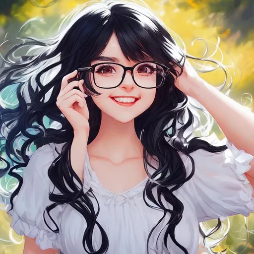 Prompt: a cute young cartoon girl with glasses smiling, similar appearance with white dress, wavy and messy black hair, a hyper-realistic style with exceptional detail and sharp focus on every aspect of the girl's appearance. vibrant, colorful tones, and the overall effect is breathtakingly beautiful, under sunlight