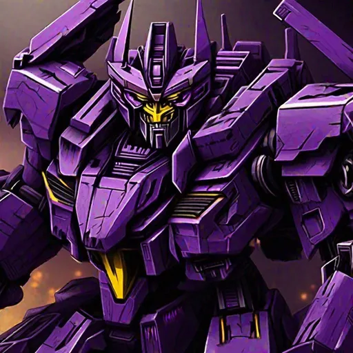 Prompt: heavy decepticon with cannons purple and black yellow eyes