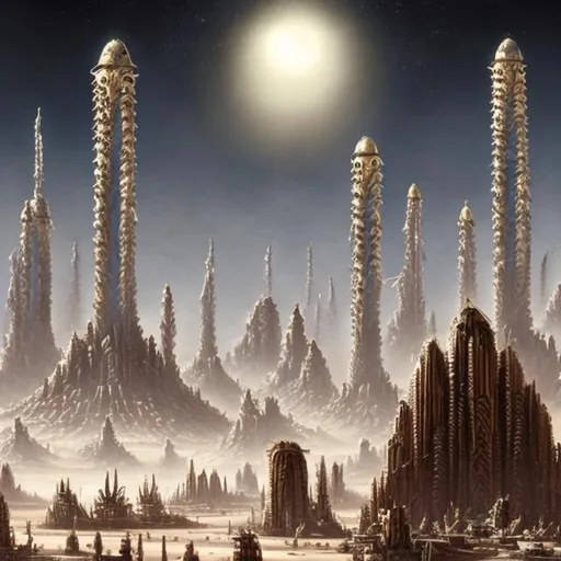 Prompt: desert, warhammer 40k hive city, beautiful city, white and gold, tall, huge, hive city, capitol