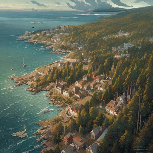 Prompt: bird's eye view of a beautiful painting of a small, sleepy New England fishing town by the sea surrounded by pine forest by greg rutkowski, trending on artstation