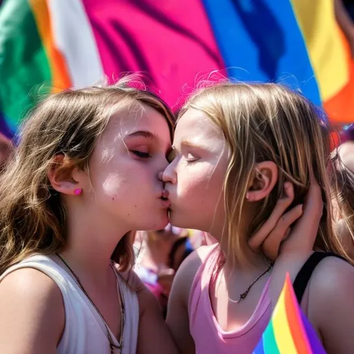Prompt: a girl kissing a girl at pride month  with lgbtq+ flags in the background 


