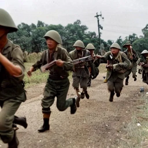Prompt: A bunch of Vietnamese Militia wearing holding ww2 weapons and running towards 