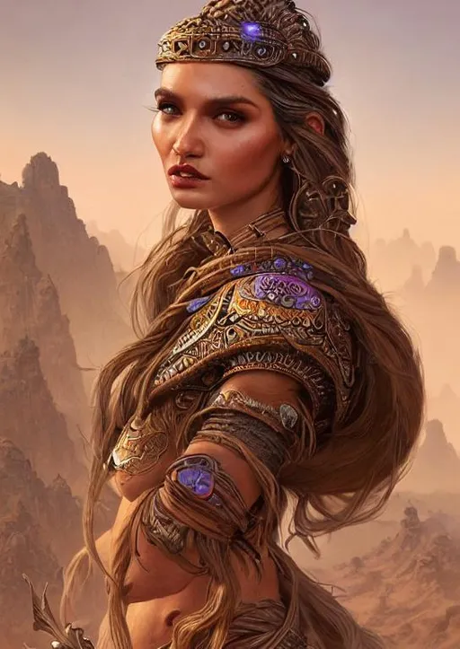 Prompt: cute girl portrait of a {shaman warrior as a fantasy thief}, smooth soft skin, big dreamy eyes, beautiful intricate beard, symmetrical, clothing, soft lighting, detailed face, by leiji matsumoto, stanley artgerm lau, wlop, rossdraws, concept art, digital painting, looking into camera, desert pillars and ruins in the distance