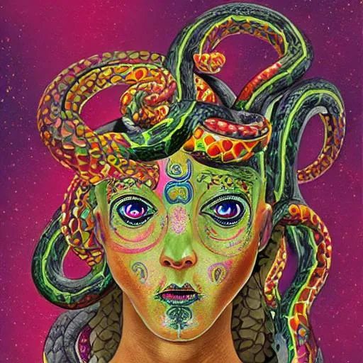 Prompt: medusa head with multiple colourful shimmering snakes biting an apple 