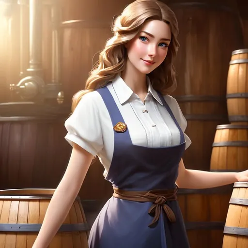 Prompt: Character concept art of a kind female brewer in her 20s of thicker build with flowing light brown hair and bright blue eyes wearing a pale burgundy dress and a brown apron leaning against wooden barrels, fantasy, intricate, elegant, highly detailed, digital painting, trending on artstation, detailed face, realistic face, smooth, sharp focus, realistic body proportions, illustration art by Stanley Lau