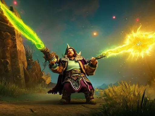 Prompt: Warcraft Gnome Enchanter full body visible,  masterpiece best quality hyperdetailed intricate,  cinematic light, dramatic light, supernova, starry sky, space, cosmic mist, earth,  album cover art, 128K resolution, illustration, VRAY, UHD, HDR, VRAY render, UHD render, HDR render, illustration, heroic art, godly, sacred geometry