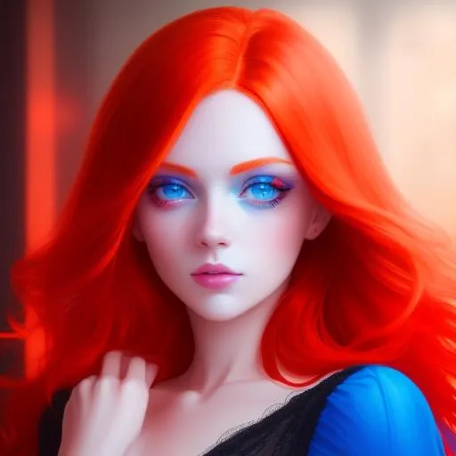 Prompt: a potrait of  aesthetically beautiful  lady red hair blue eyes neon orange ambience


