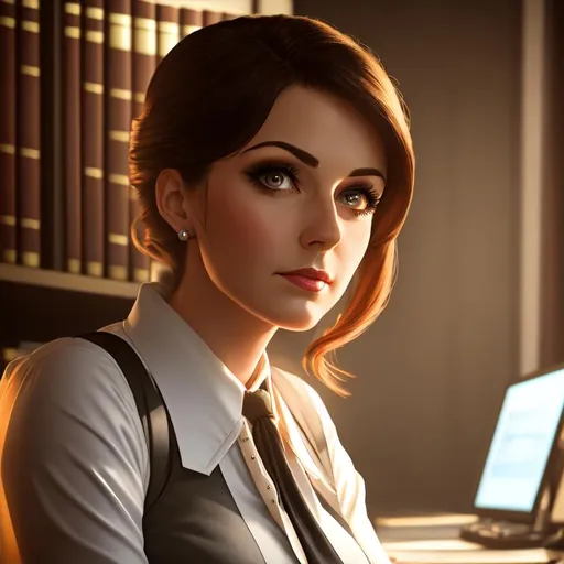 Prompt: portrait of Dieselpunk secretary woman, behind office desk, medium shot, beautiful face, cinematic lighting, indoor