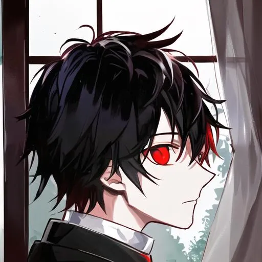 Prompt: Damien  (male, short black hair, red eyes) staring out the window