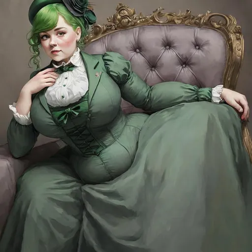 Prompt: busty, chubby, Victorian dress, fancy, formal, elegant, green hair, hat