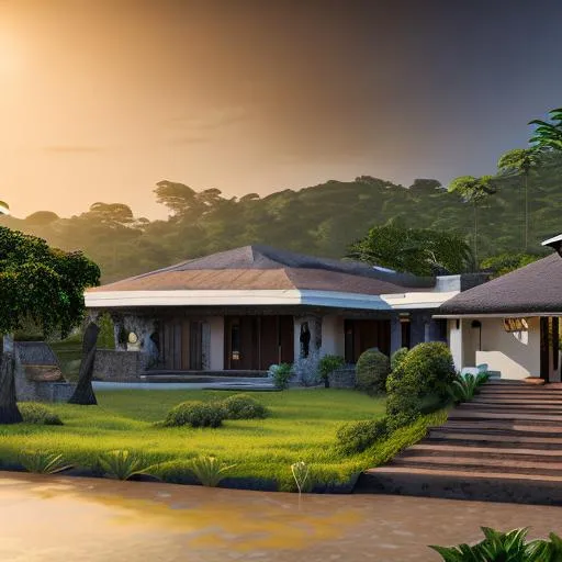 Prompt: hyperrealism design of beautiful detailed  2 story family house with a little bit of intricate and artistic congolese minerals details in small detailed beautiful modern paved Congolese town sunset behind the house, around the rainforest volumetric natural light wakanda style, cinematic light, ultra realistic, vray, far view, perspective landscape