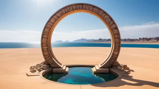 Prompt: circular portal, gateway between desert world and sea world, ring, ring standing on edge, freestanding ring, complete ring, panoramic view