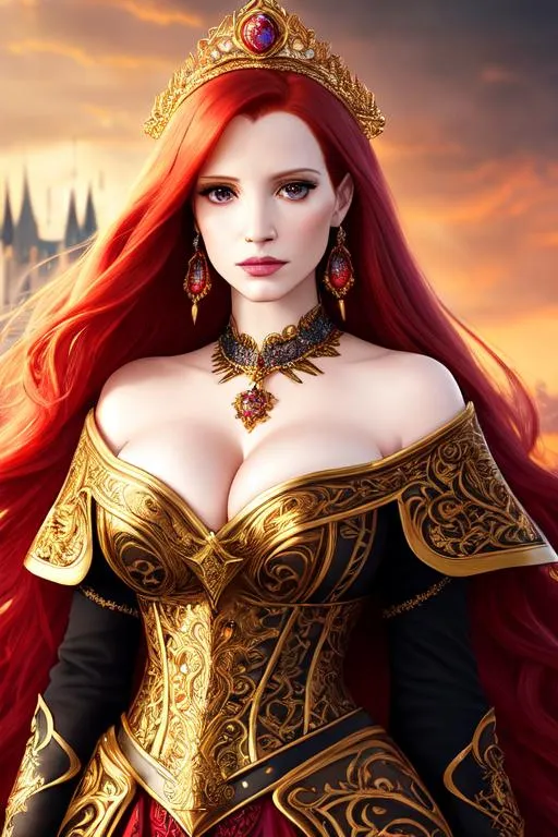 Prompt: {Mix of Jessica Chastain and Christina Hendricks}, high resolution face, high definition eyes, detailed eyes, long red flowing hair, wearing ornate sorceress clothing, 8k, hypermaximalist, elegant, ornate, hyper realistic, anime, dramatic, digital painting, artstation, smooth, sharp focus, dark medieval castle, full body shot, high resolution, dungeons and dragons, frank frazetta style art, smoke, icy blue eyes