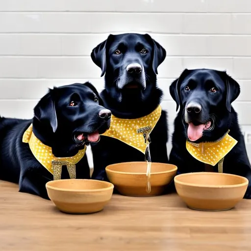 3 labradors eating from the same bowl and happy