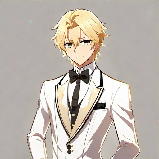 Prompt: Caleb (blonde hair) (brown eyes) wearing a tuxedo, full body, anime style