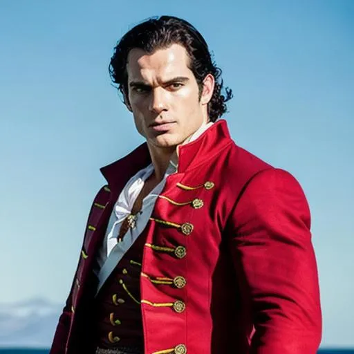 Prompt: henry cavill pirate captain long red coat