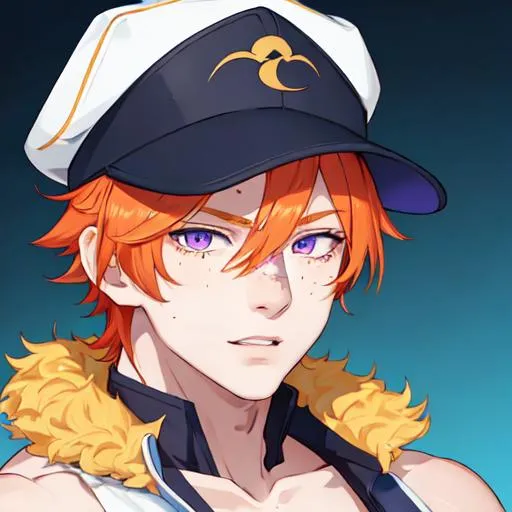 Prompt: Erikku male (short ginger hair, freckles, right eye blue left eye purple) muscular, UHD, 8K, Highly detailed, insane detail, best quality, high quality. wearing a sideways baseball cap, holding money